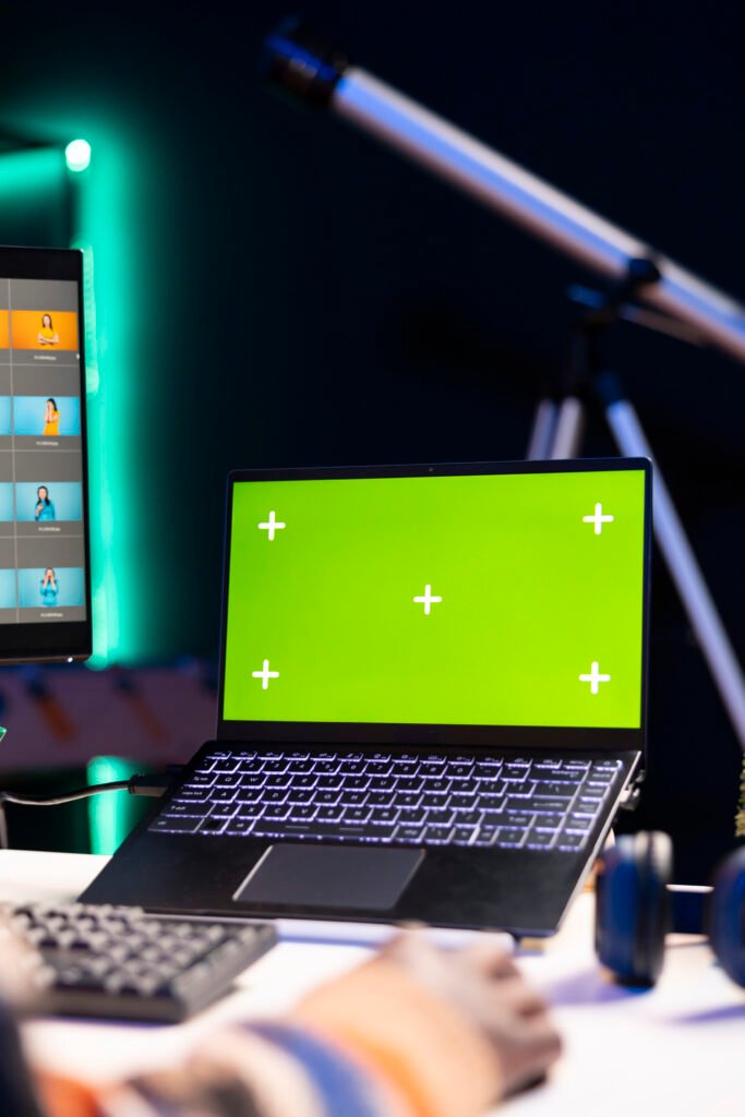 african american photo designer retouching images next to green screen on dual screens